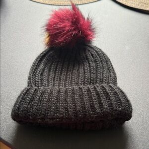 Adult Black Knit Pom Beanie with Burgundy Faux Fur Pom